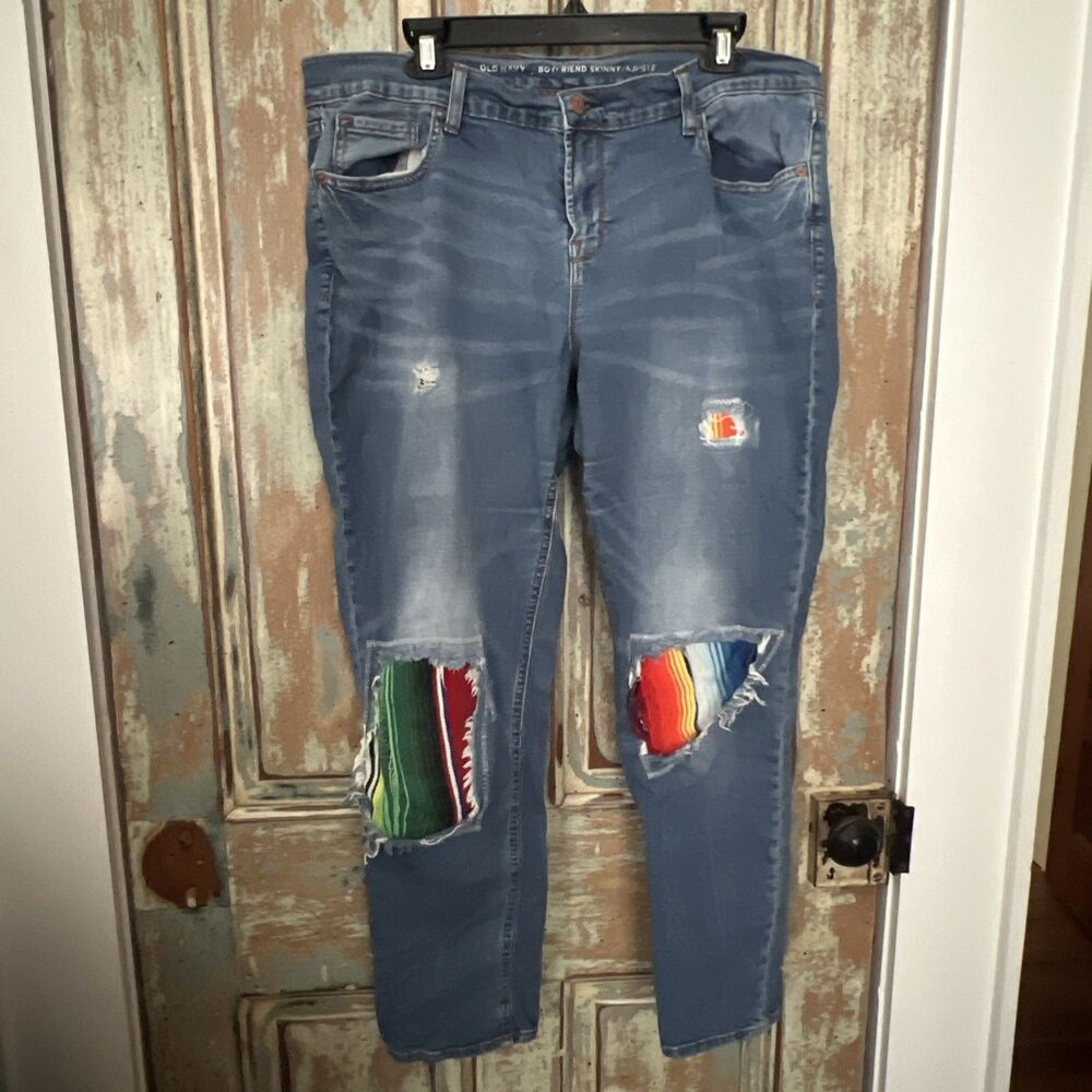 Old Navy Boyfriend Jeans Upcycled With Colorful Patches Size 14R